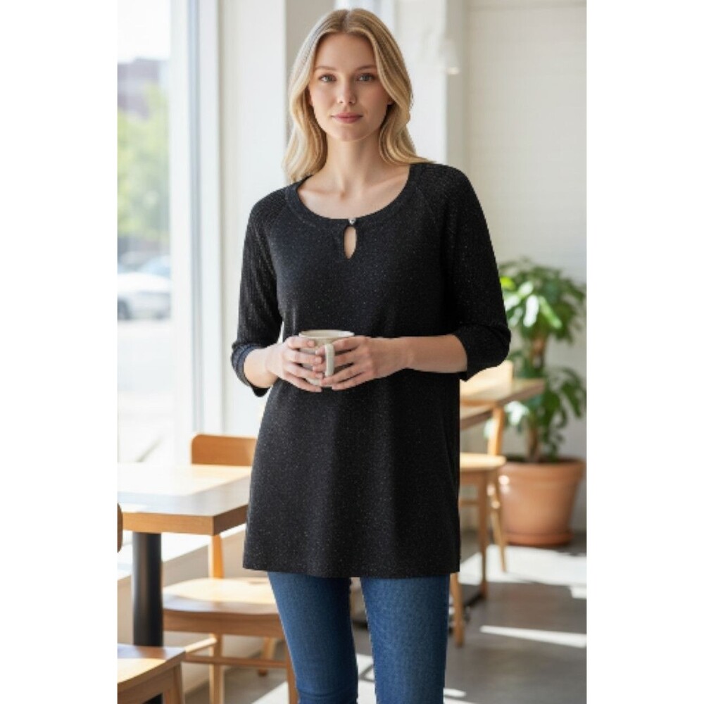 Lane Bryant Women's  Metallic Black Knited Long Sleeves Key Hole Neck Size 18-20